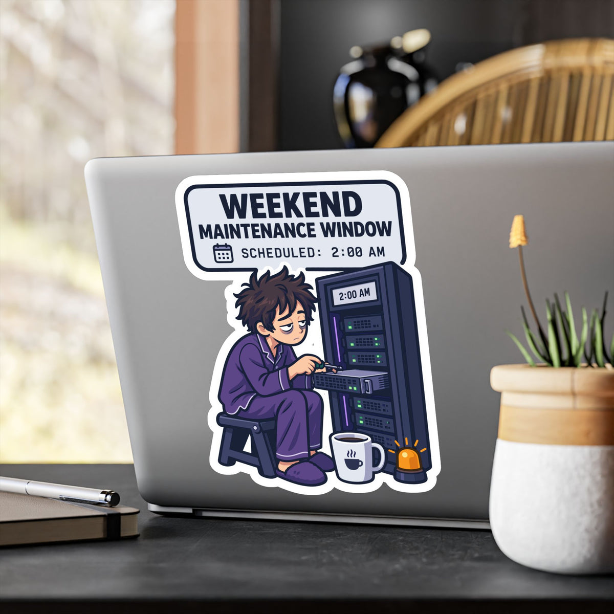 Tech Sticker - Weekend Maintenance Window with Reboot Button and Bandage Design, Decals for Laptop and Water Bottle