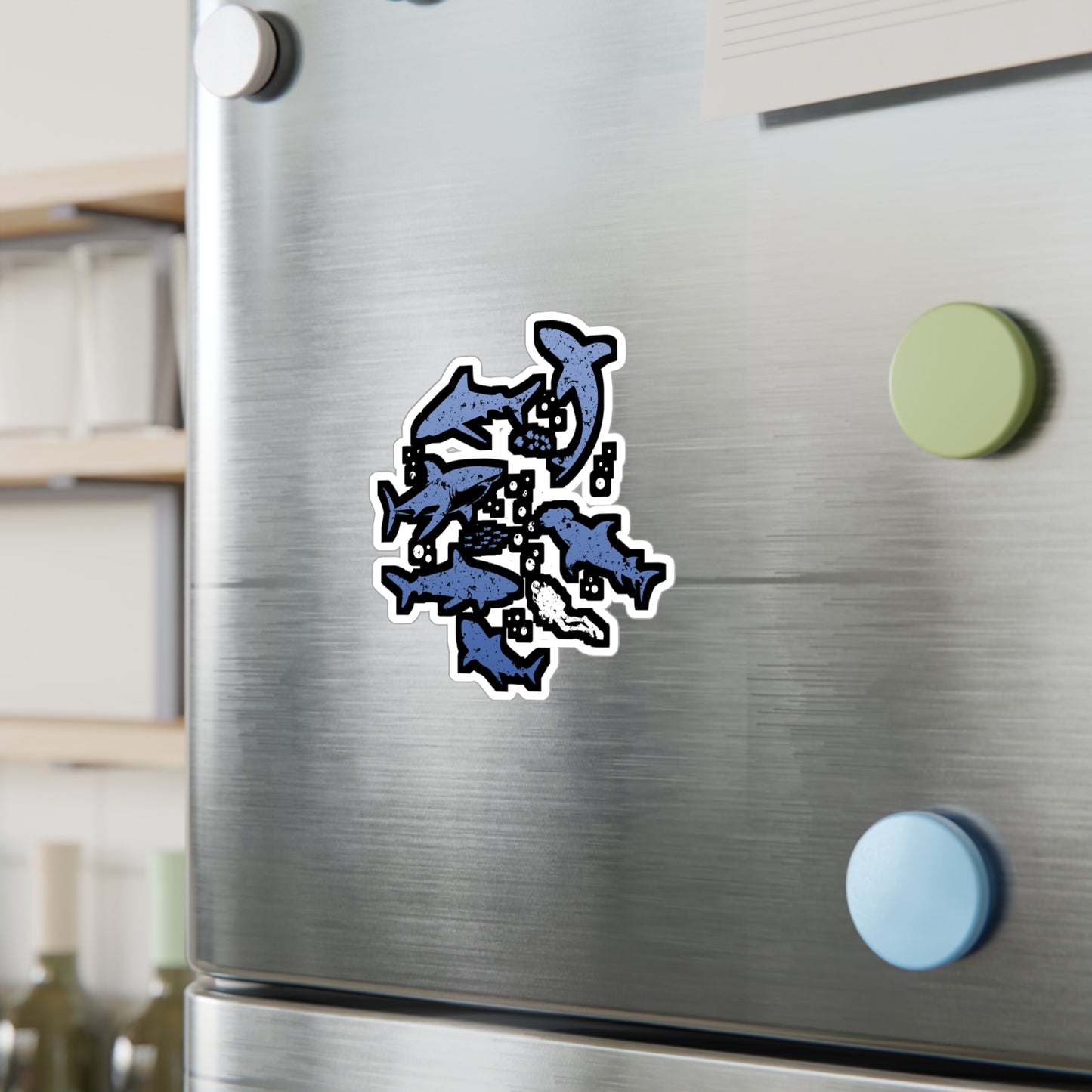 Scuba Diver with Sharks - Diver Sticker for Laptop Sticker. Water Bottle Sticker, Vinyl Scuba-diving Decal - Diver Gift