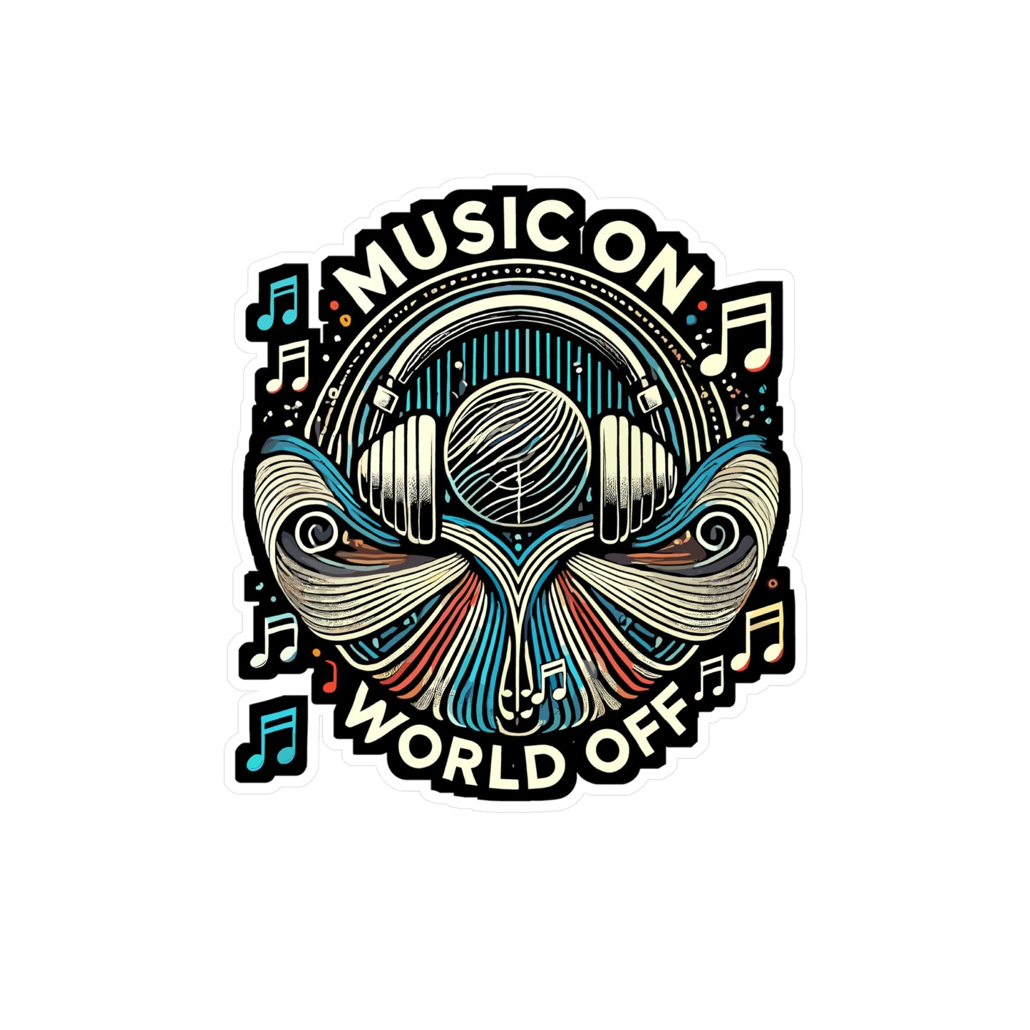 Music On World Off - Music Sticker for Laptop Sticker. Water Bottle Sticker, Vinyl Headphone Decal - Music Gift