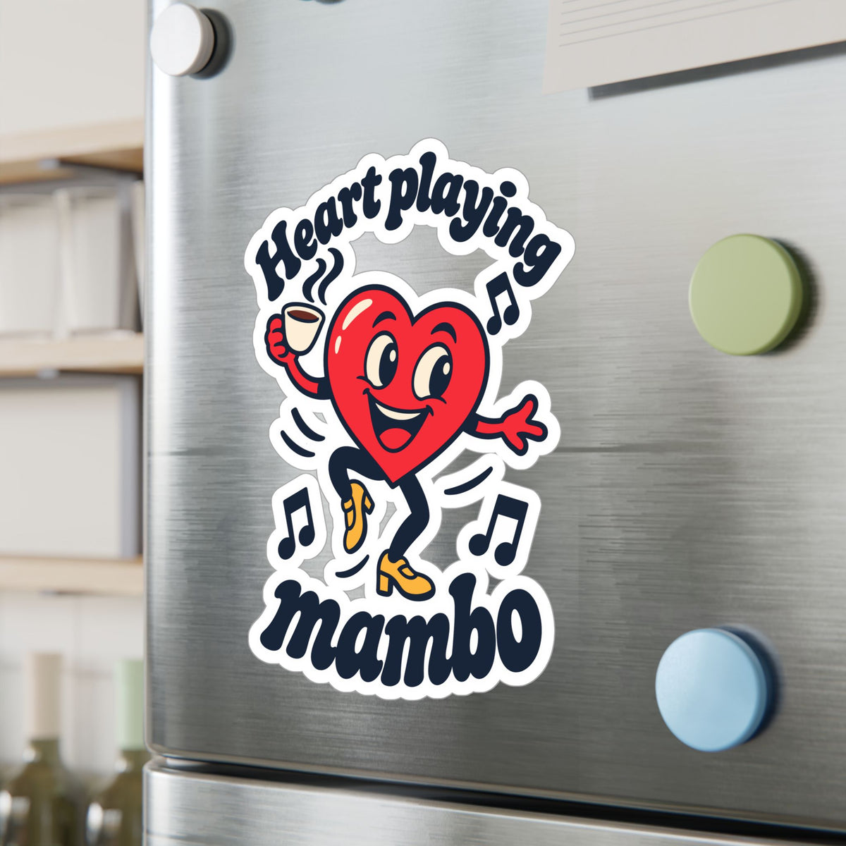 Cartoon Sticker Heart Playing Mambo - Espresso and Music Design Decals for Laptop and Water Bottle