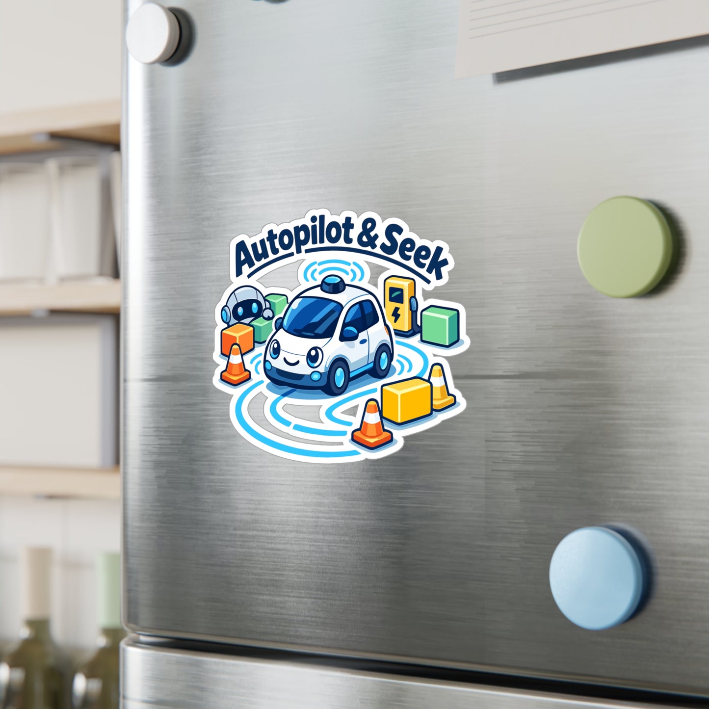 Electric Car Sticker Autopilot & Seek – Waterproof Vinyl Decals for Laptop, Water Bottle, Rechargeable Battery Vehicle Lovers