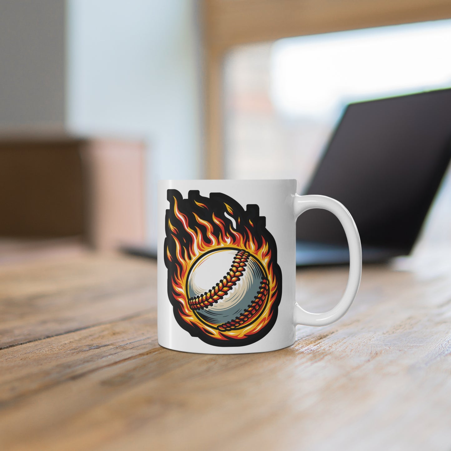 Fire Baseball - Baseball Mug for Coffee 11oz. Baseball Cup, White ceramic, Player Mug, Sports Tea Cup - Baseball Gift