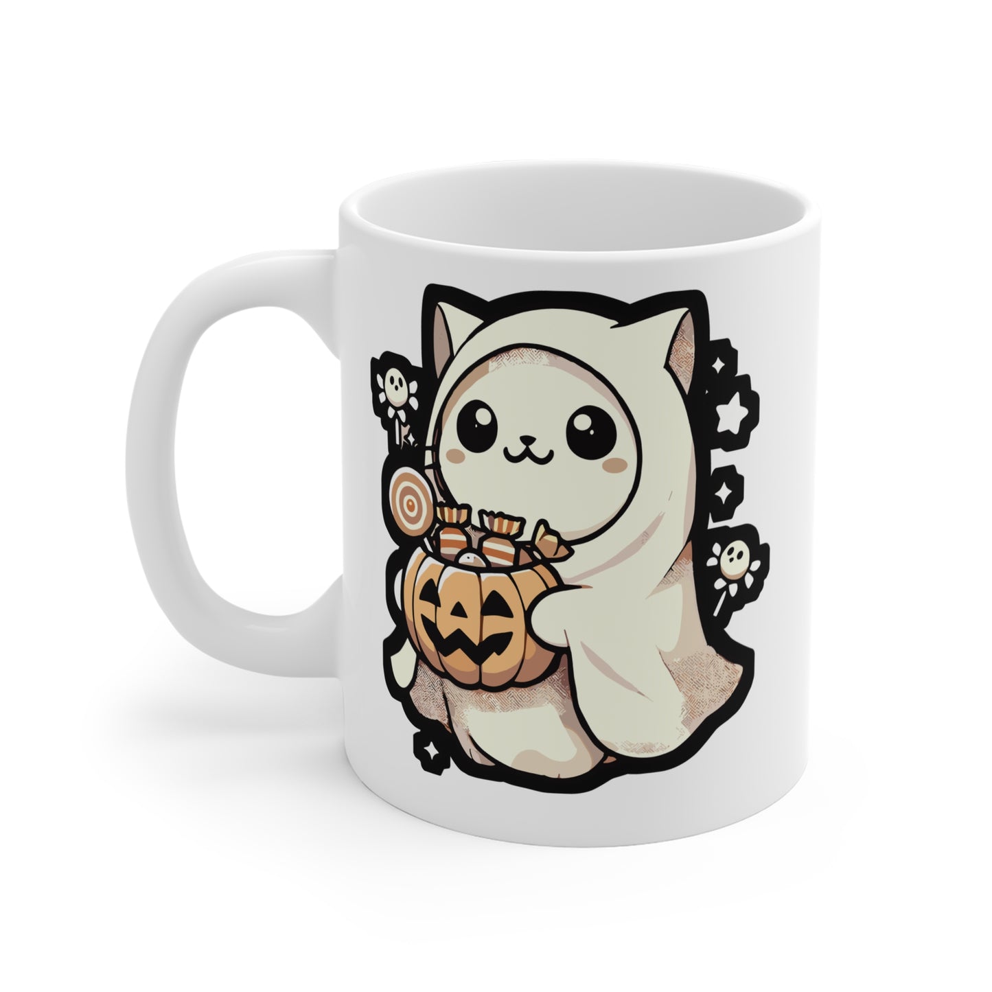 Ghost Halloween Costume Sweets - Halloween Mug for Coffee 11oz. Halloween Cup, White ceramic, Ghost Mug, Cat Tea Cup - Halloween Gift