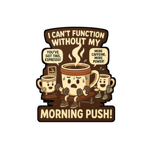 Coffee Sticker – "I Can’t Function Without My Morning Push" Decals for Laptop, Water Bottle, Gym, Caffeine Energy, Waterproof Vinyl