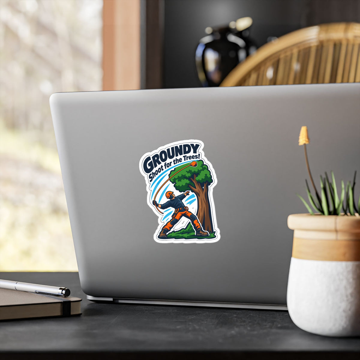 Tree Sticker – Groundy Shoot for the Trees! Funny Tree Worker and Branch Manager Decals for Laptop or Water Bottle