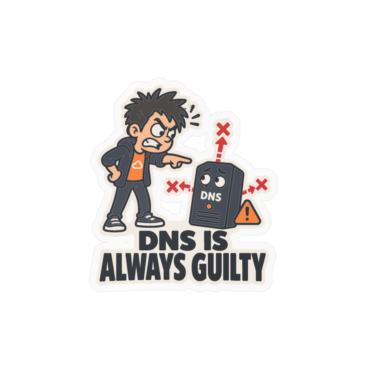 Frustrated Sticker - DNS Is Always Guilty, Cartoon Homelabber Pointing Accusingly, Funny Decals for Laptop and Water Bottle