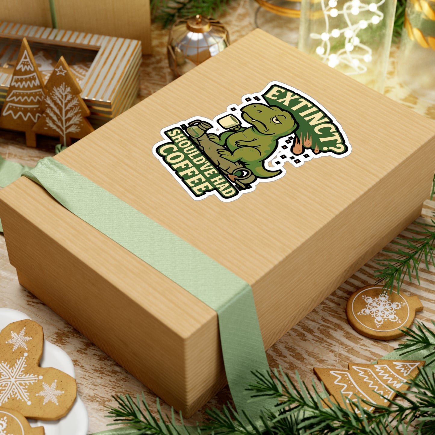 Dinosaur Sticker – "Extinct Shouldve Had Coffee" Funny Coffee Decals, Waterproof Vinyl for Laptop, Water Bottle, Caffeine Lover Gift