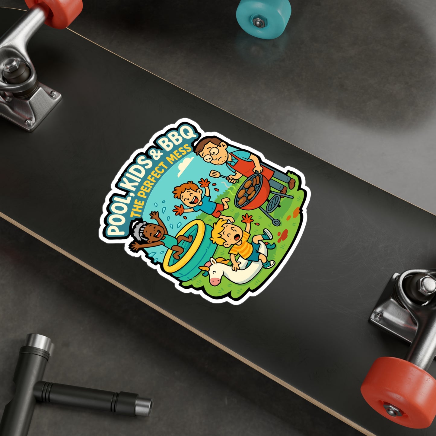 Kids Sticker – Pool Kids BBQ The Perfect Mess Decals for Summer, Waterproof Vinyl, Ketchup Grill Design for Laptop, Water Bottle
