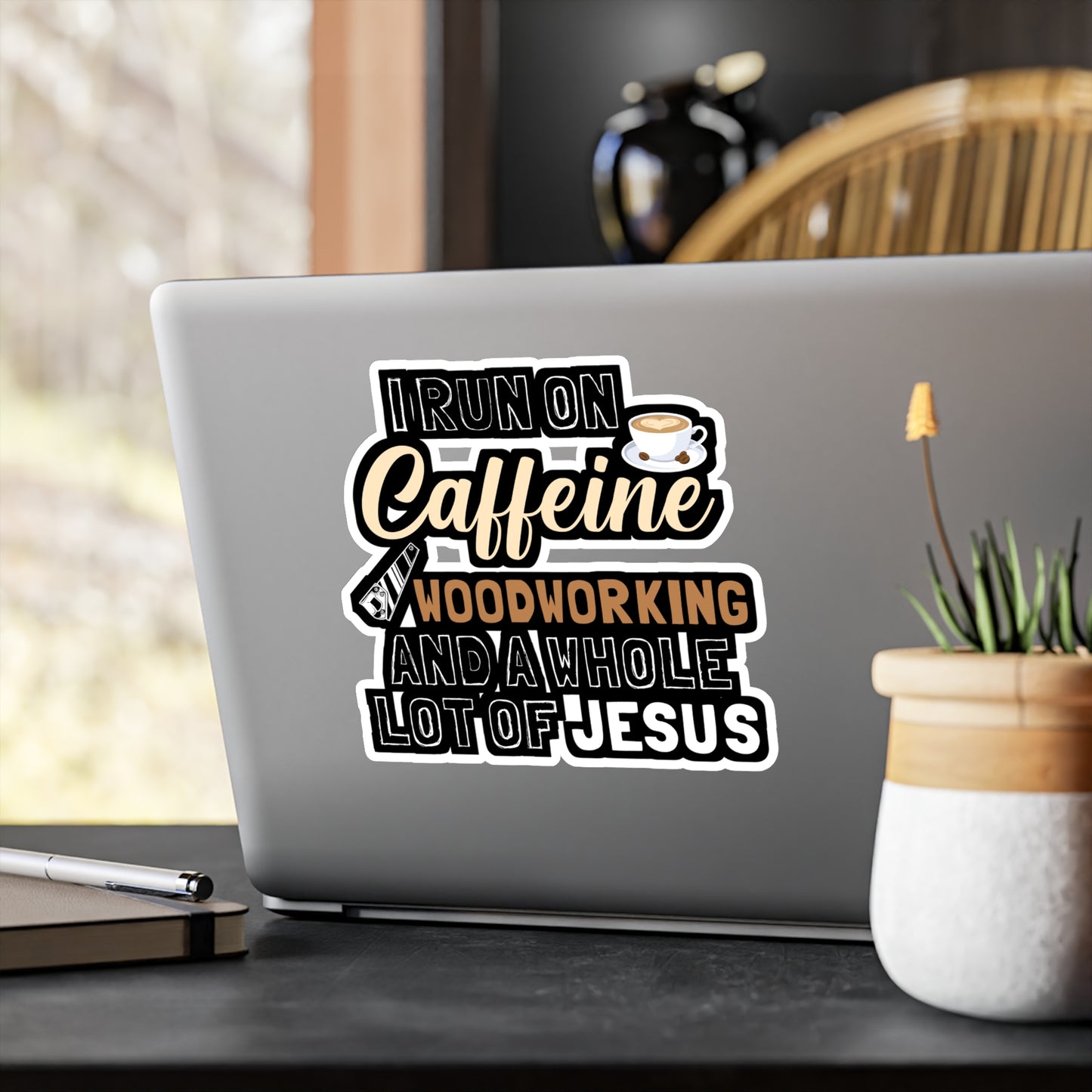 I Run On Caffeine Woodworking And A Whole Lot of Jesus - Carpenter Sticker for Laptop Sticker. Water Bottle Sticker, Vinyl Woodworker Decal - Carpenter Gift