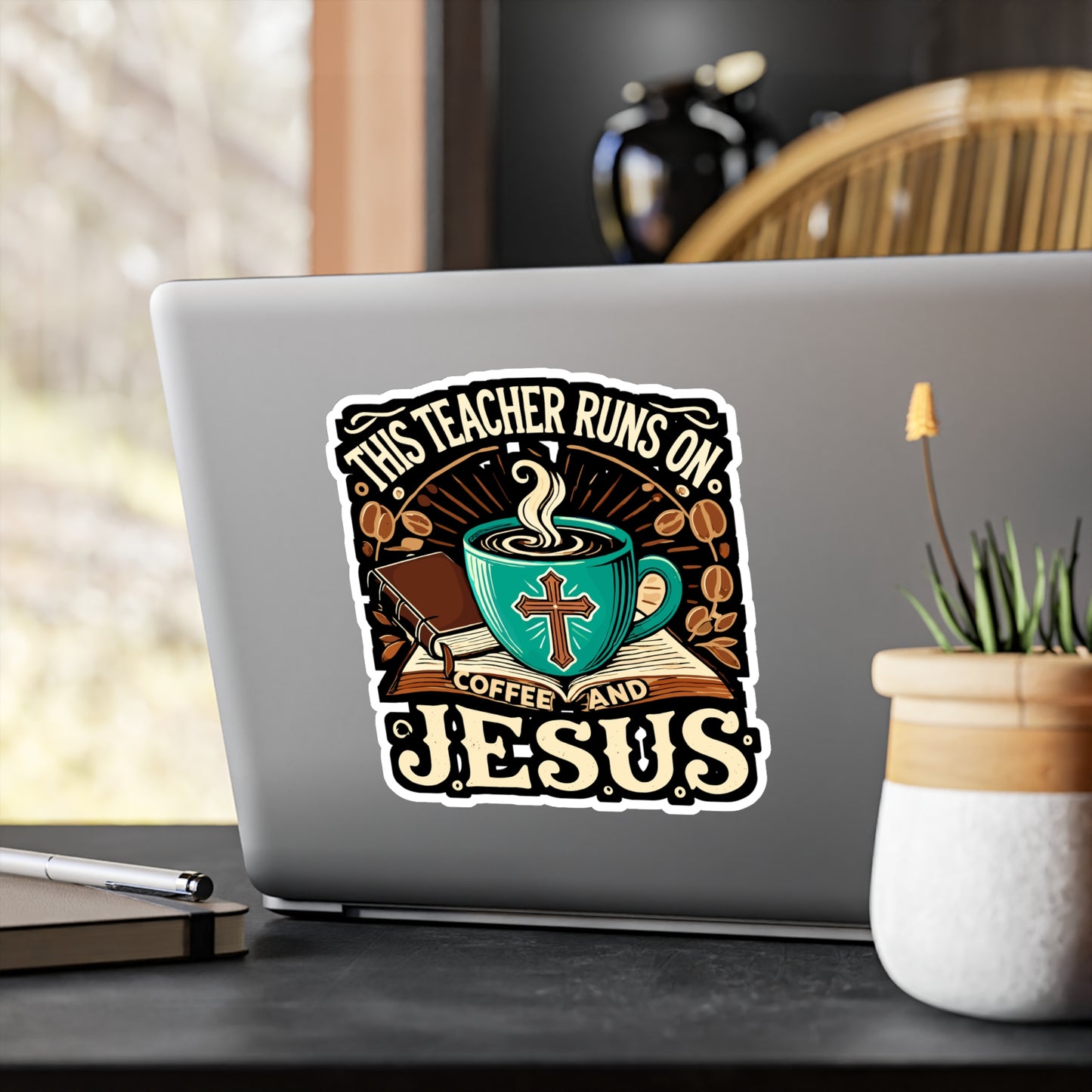 This Teacher Runs On Coffee And Jesus - Christian teacher Sticker for Laptop Sticker. Water Bottle Sticker, Vinyl Teacher Decal - Christian teacher Gift