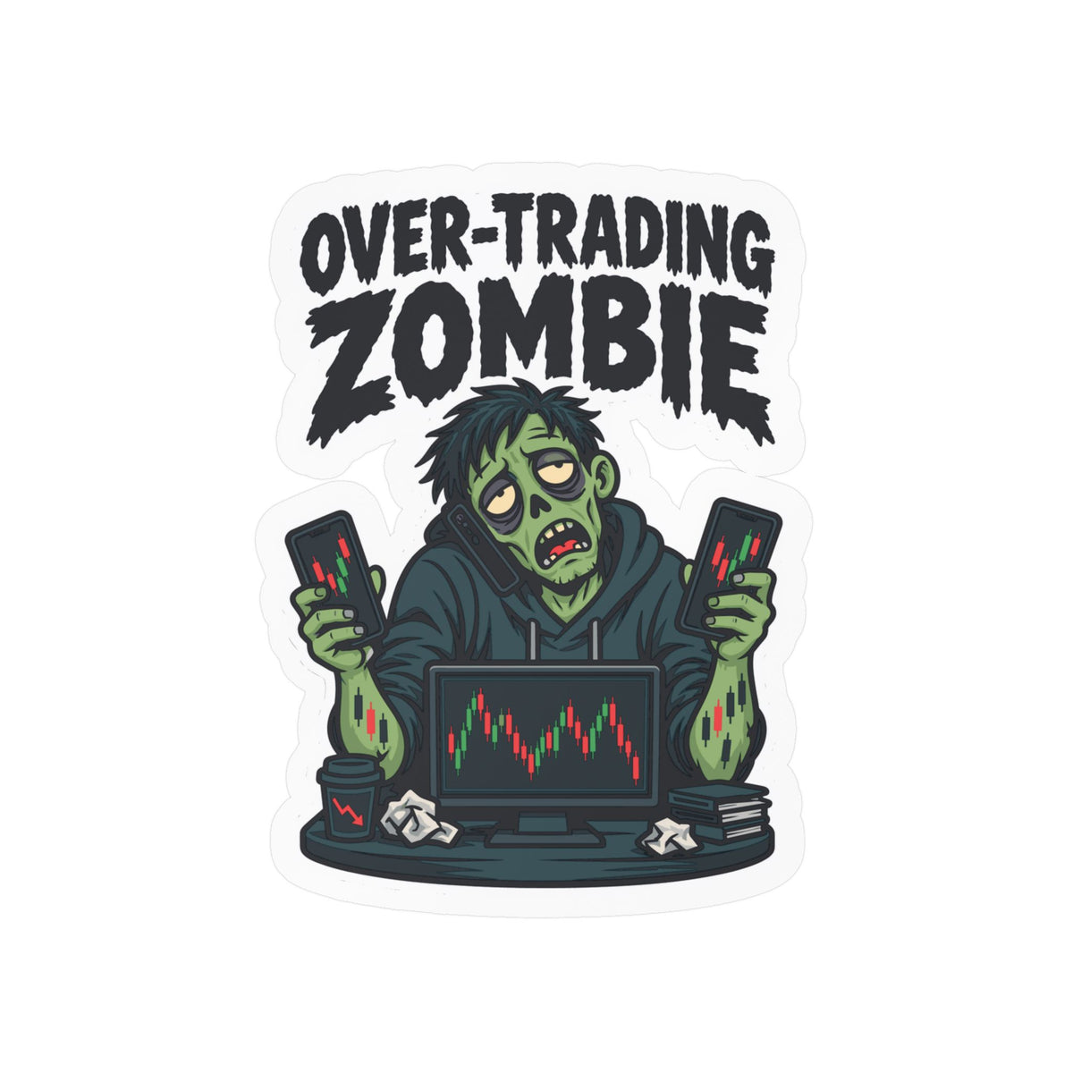 Day Trading Sticker - Over-Trading Zombie Design for Stock Market and Forex Traders, Laptop and Water Bottle Decals