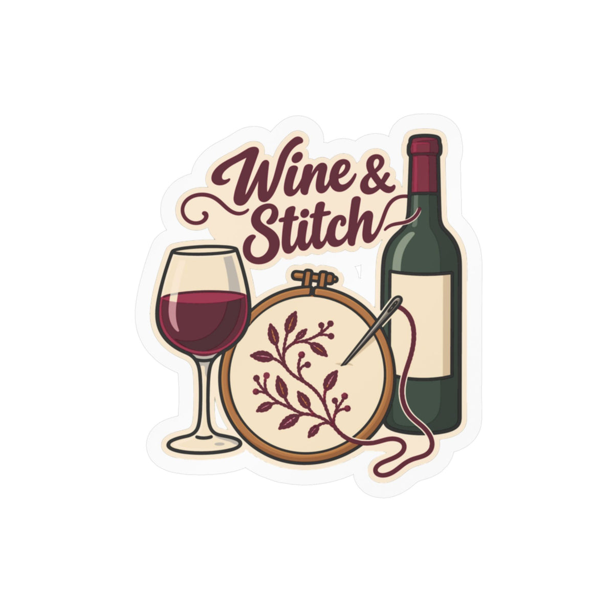 Embroidery Sticker - Wine & Stitch Design for Needlework and Stitching Fans, Crafting Decals for Laptop or Water Bottle
