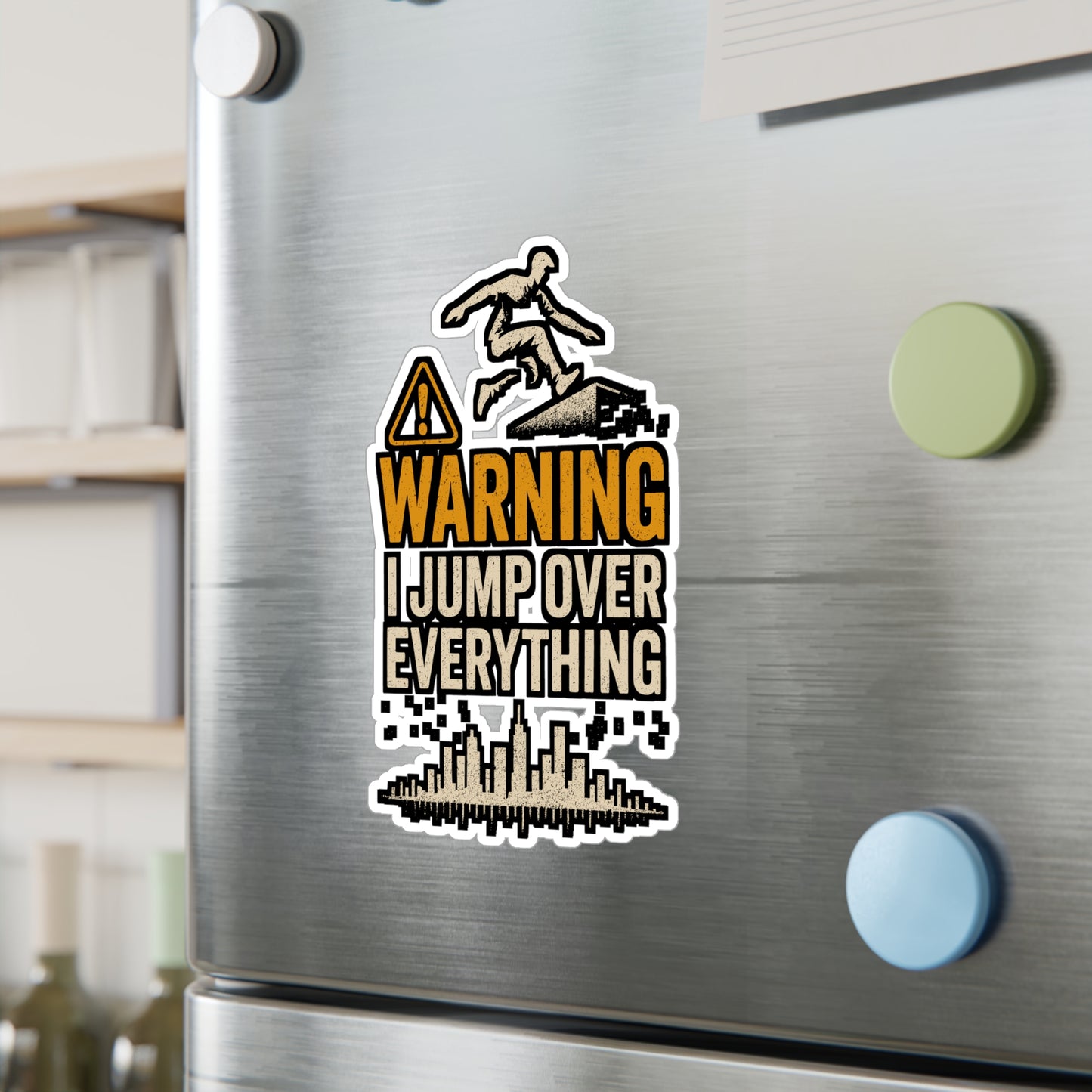 Warning I Jump Over Everything – Parkour Sticker for Laptop, Water Bottle, and Skateboard | Vinyl Freerunning Decal – Urban Sport Gift
