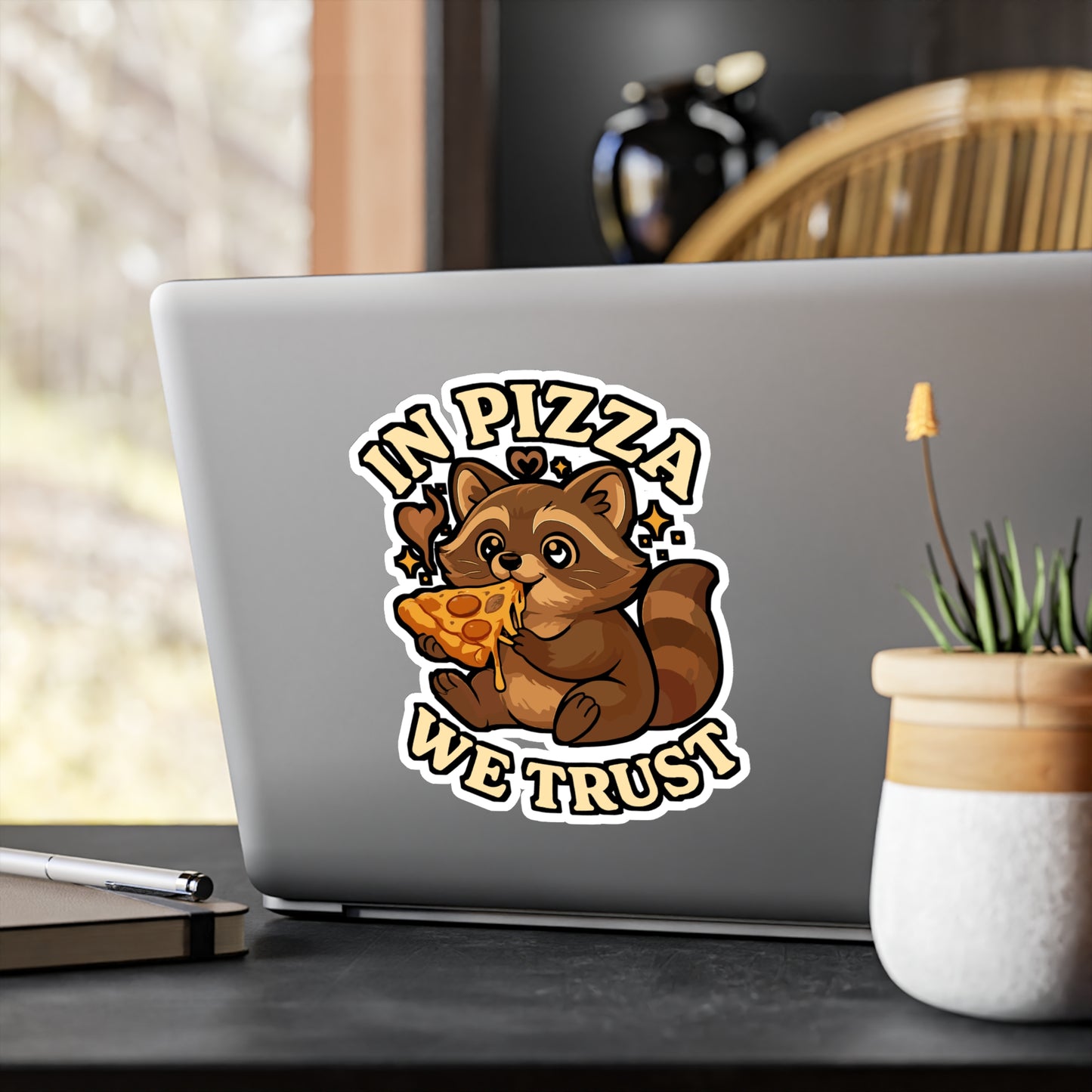 Raccoon Sticker – Cute Raccoon Enjoying Cheesy Pizza Decals, Vinyl Waterproof Steam Pizza Cheese Design for Laptop, Water Bottle