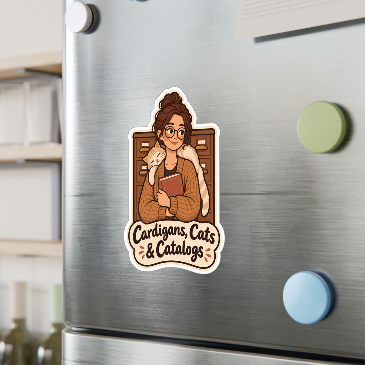 Librarian Sticker - Cardigans, Cats & Catalogs - Fabulous Book Lover Decals for Laptop or Water Bottle