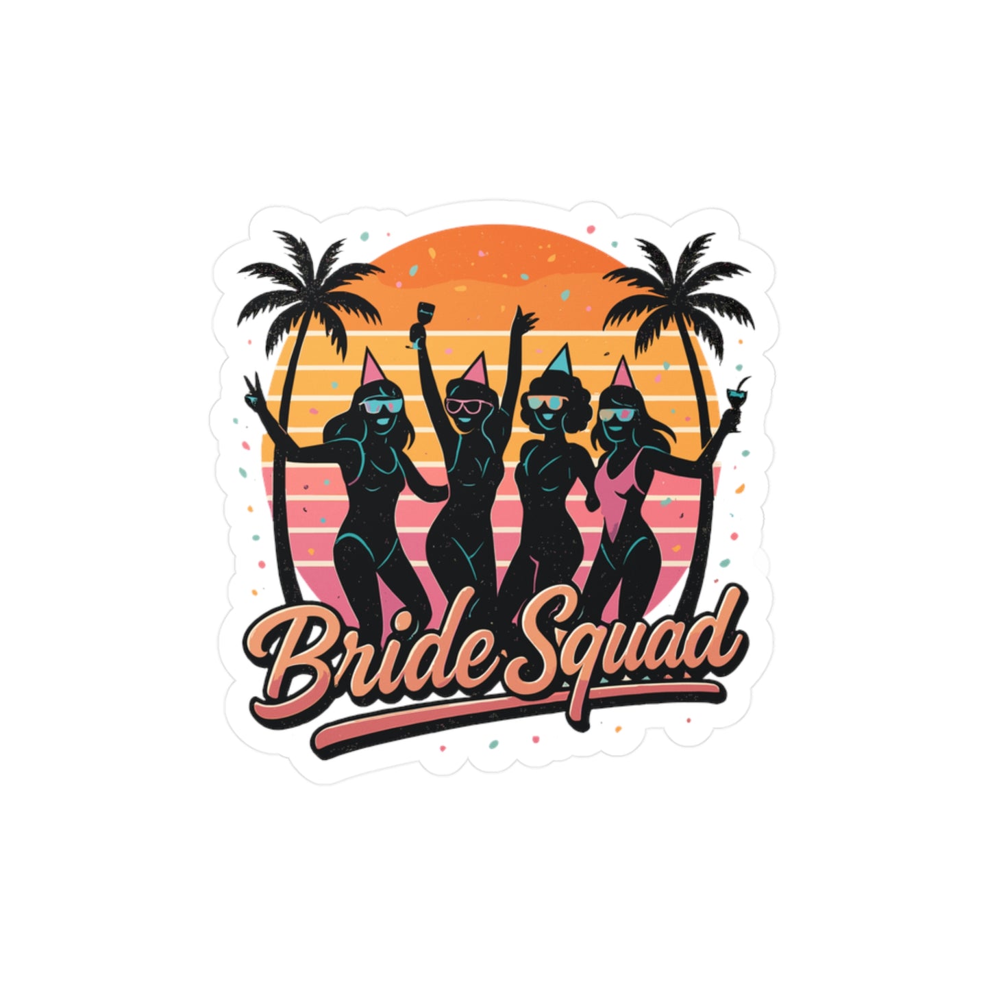 Retro Sticker Bride Squad 1980s Sunset Orange Decals for Laptop, Water Bottle, Waterproof Vinyl Bridal Party Gift