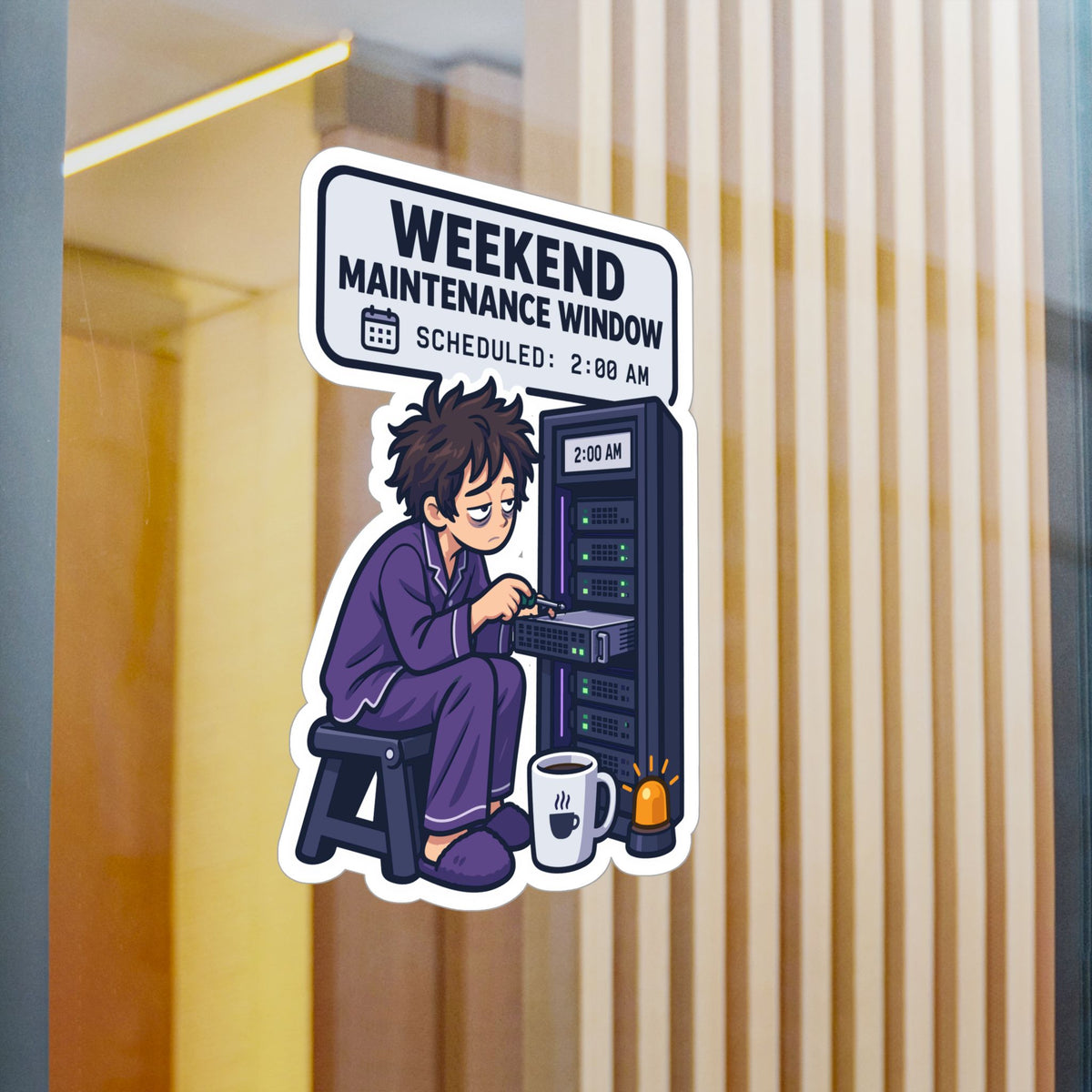 Tech Sticker - Weekend Maintenance Window with Reboot Button and Bandage Design, Decals for Laptop and Water Bottle