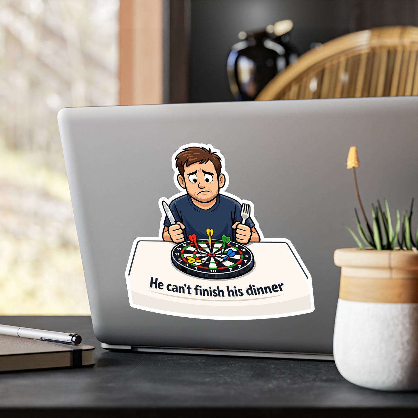 Dart Sticker He can’t finish his dinner Funny Drinking Team Design, Vinyl Waterproof decals for Laptop Water Bottle Dartboard Fans
