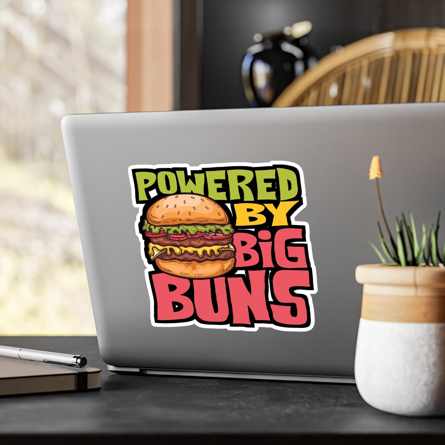 Powered By Big Buns - Fastfood Sticker for Laptop Sticker. Water Bottle Sticker, Vinyl Fast food Decal - Fastfood Gift