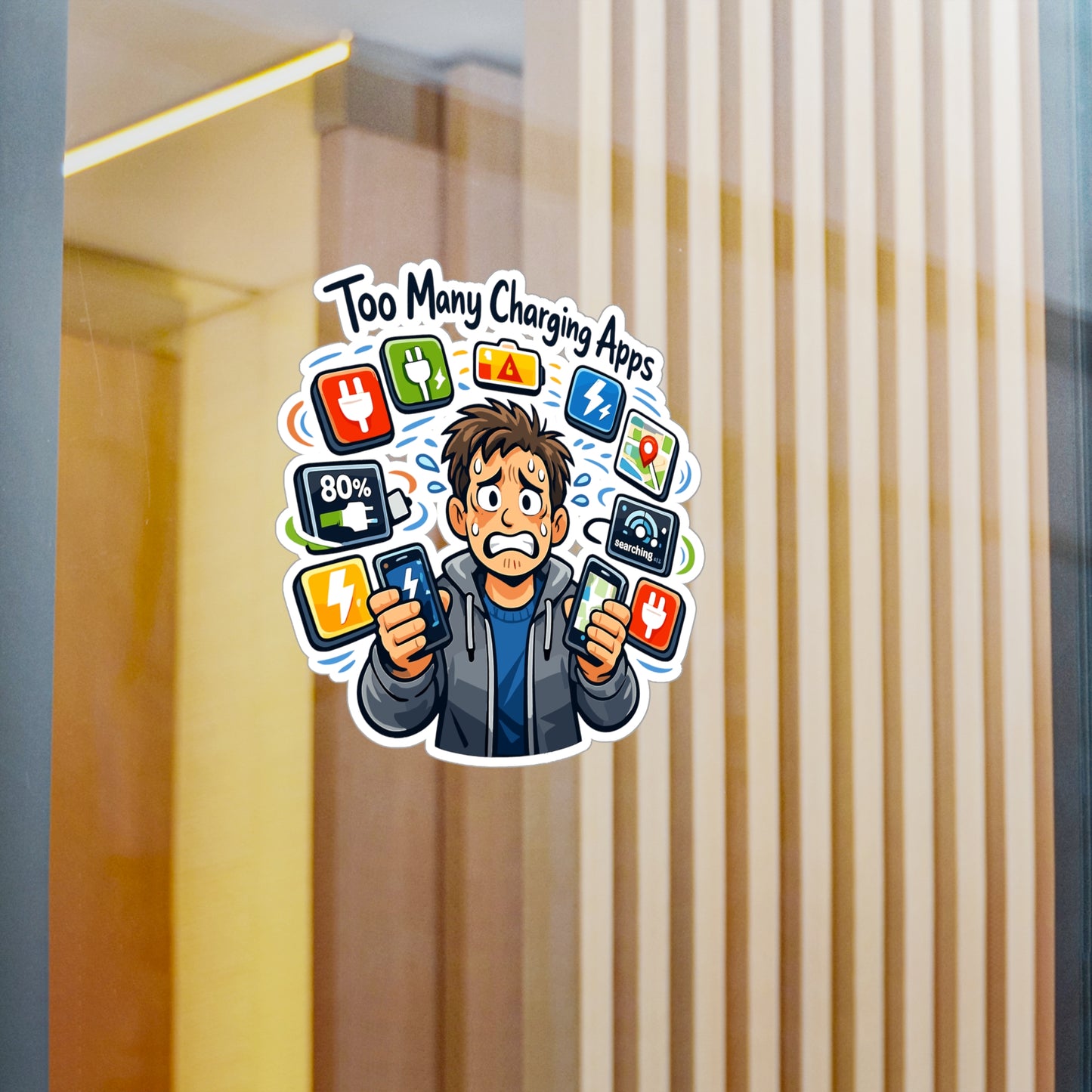 Electric Car Sticker "Too Many Charging Apps" Funny Electric Vehicle Vinyl Waterproof Stickers & Decals for Laptop, Water Bottle Rechargeable Battery